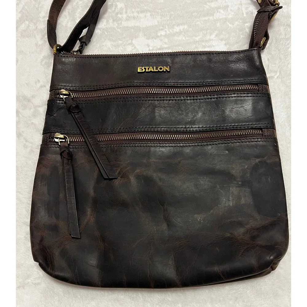 ESTALON Dark Brown Genuine Leather Crossbody Zip Front Pockets Adjustable Strap‎
